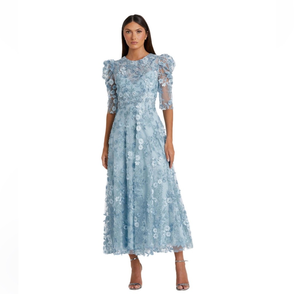 Mac Duggal Applique High Neck Puff Sleeve A Line Dress